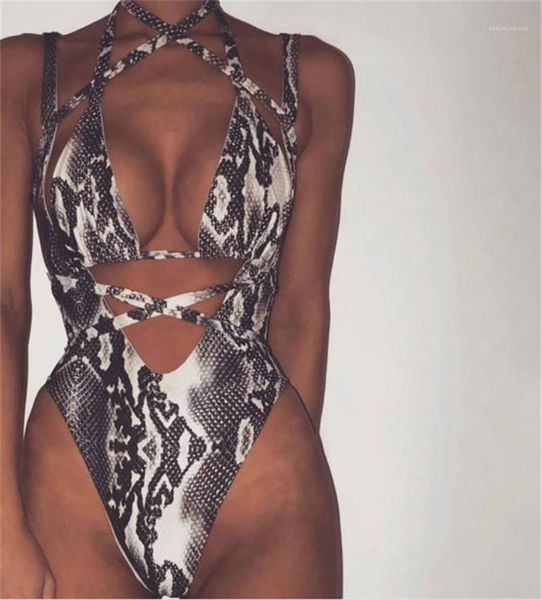 

deep v neck women summer swimwear women snake pattern designer swimsuits hollow out backless one piece bikinis, White;black