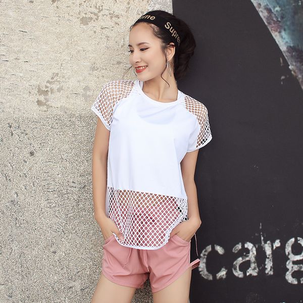 

back big mesh sports short sleeve female breathable gym running t shirt speed dry loose yoga clothing top, Black;red