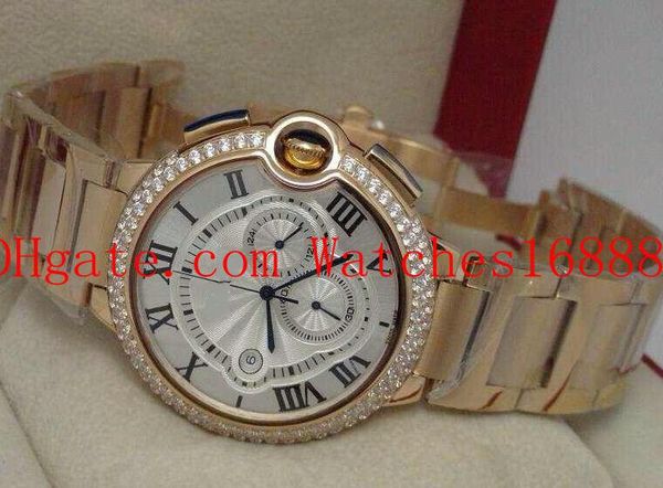 

calibre de quartz movement mens watch diamond bezel 18k yellow gold bracelet mens wrist watches, Slivery;brown