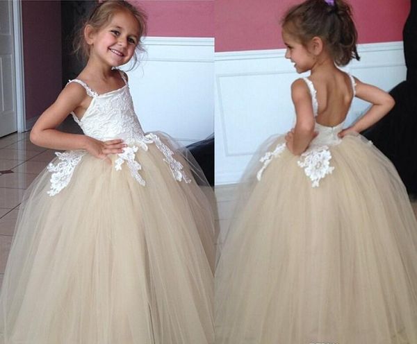 

2019 princess lovely cute champagne long lace backless flower girl dresses daughter toddler pretty kids first holy communion dress, White;blue