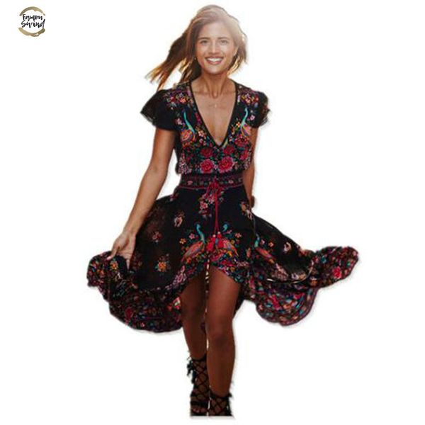 

2019 dress summer boho dress ethnic print vintage beach dresses bohemian robe vintage vestidos hippie, Black;gray