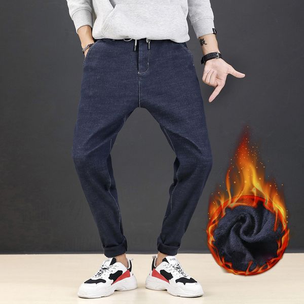 

solid color jeans men's autumn and winter fashion casual warm velvet plus jeans scratched men's large size 5xl 6xl 7xl, Blue