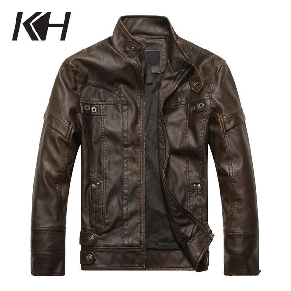 

kh new brand men's motorcycle leather jacket stand collar bomber jacket jaqueta de couro masculina casual warm leather coat male, Black