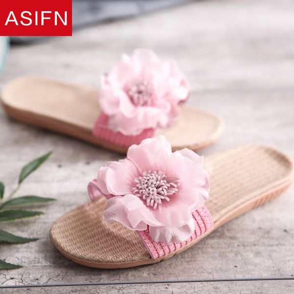 

asifn women slippers flowers flax cute bow slides non slip indoor summer ladies flip flops zapatos de mujer bathroom mules, Black