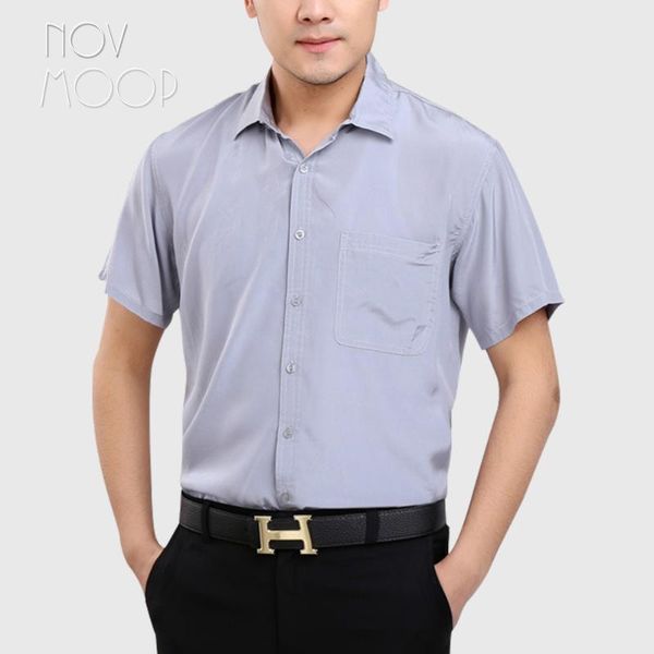 

novmoop solid grey color men summer smart casual style short sleeve 100% silk shirt ropa hombre camisas masculina lt3160, White;black