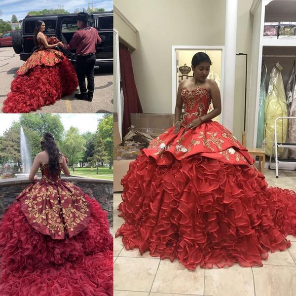 

quinceanera dresses 2020 sweetheart gold lace embroidery ruffles tiered skirt sweetheart 16 masquerade party pageant dress, Blue;red