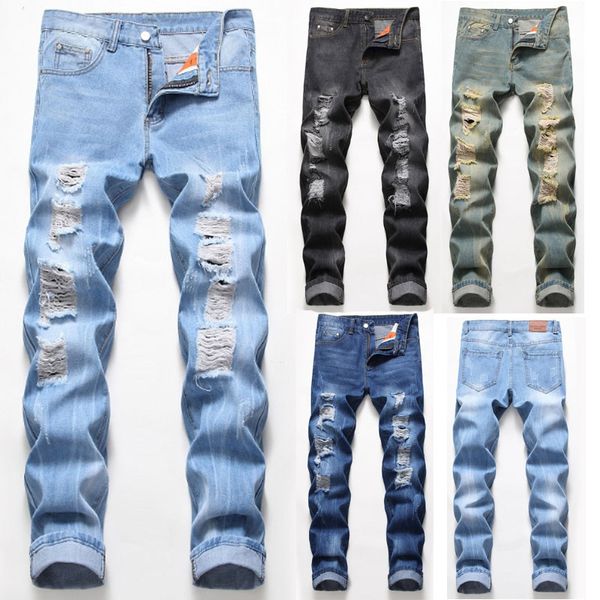 

new designer men's jeans mens distressed ripped skinny jeans classic washed slim moto biker causal mens denim pants hip hop men jeans 0, Blue