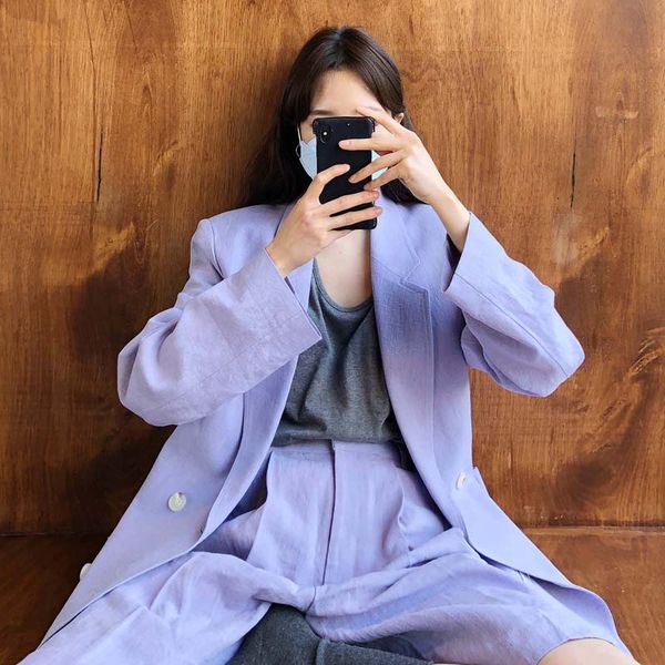 

korean style two piece set coat and shorts long sleeve single breasted cotton linen coat and high waist wide leg short pants, White