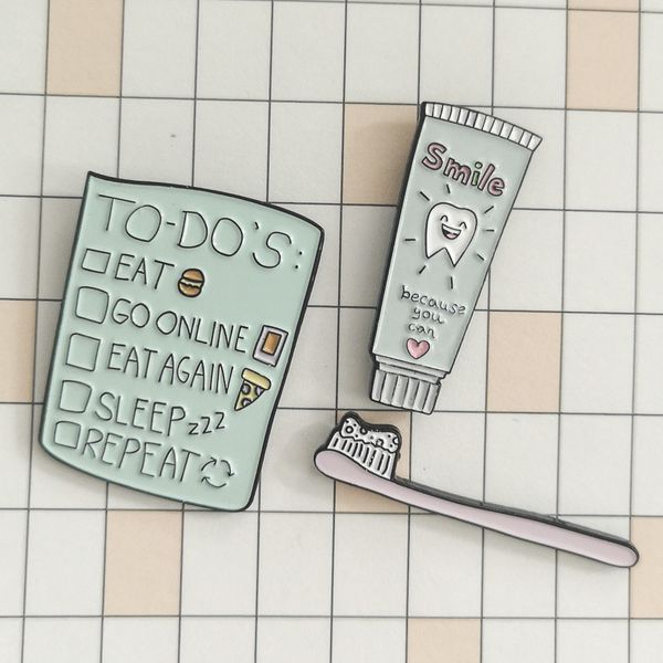 

morning ~ toothbrush toothpaste tooth to do list schedule eat pizza burger sleep badge enamel brooches lapel pins sweet gifts, Gray