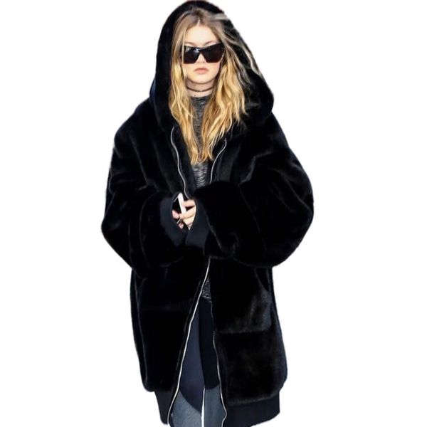 

2019 winter hoody women warm faux fur zipper hooded winter puff sleeve long warm fur coat with pockets, Black