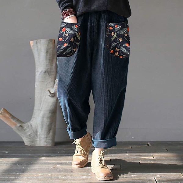 

zanzea women vintage corduroy pants trousers female elastic waist floral patchwork long pantalon plus size turnip palazzo, Black;white