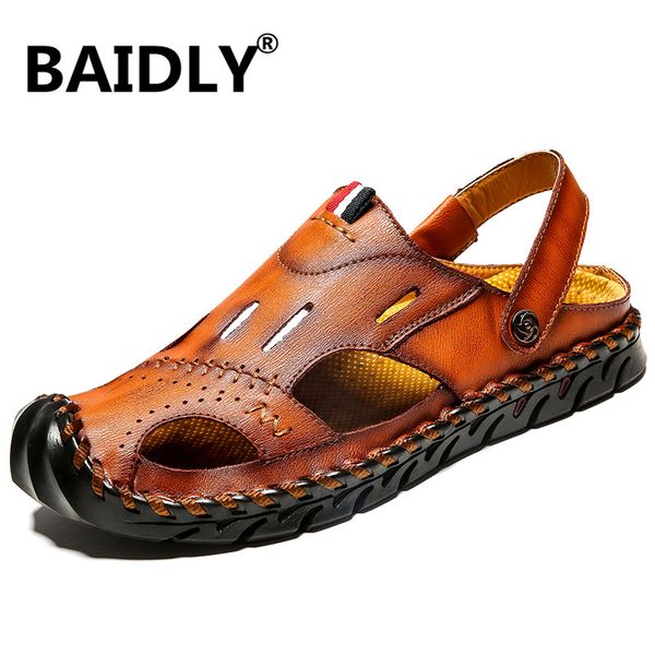 

men sandals brand summer genuine leather sandals men outdoor beach slippers walking male rubber sole casual shoes big size, Black
