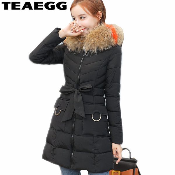 

teaegg women coat winter blouson femme hiver women parkas feminina faux fur collar hooded cotton woman jackets winter 2018al1481, Black