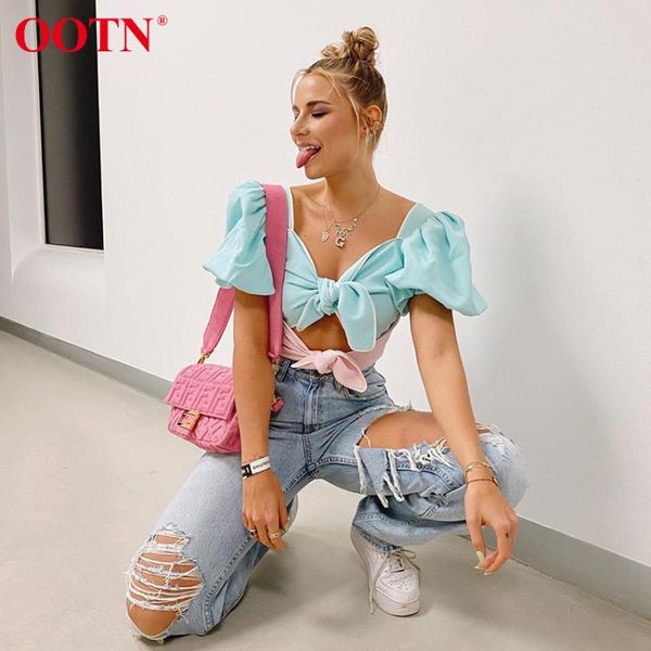 

ootn bow knot patchwork wrap crop summer puff sleeve blouse women shirt female square collar chic short sleeve blouse, White