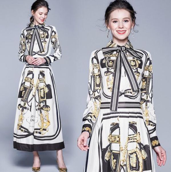 

fall new lapel retro print long sleeve waist long dress, Black;gray