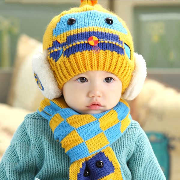 

2pcs/lot cotton knitted earflap hat and scarf set casual kids warm skullies beanies warm caps baby hats for baby 6-48m, Yellow