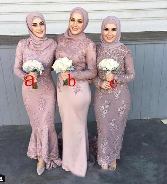 Vestidos de dama de honra de renda de manga longa de cetim muçulmano com aplique hijab bainha convidados de casamento dama de honra adulto dama de honra dres242g