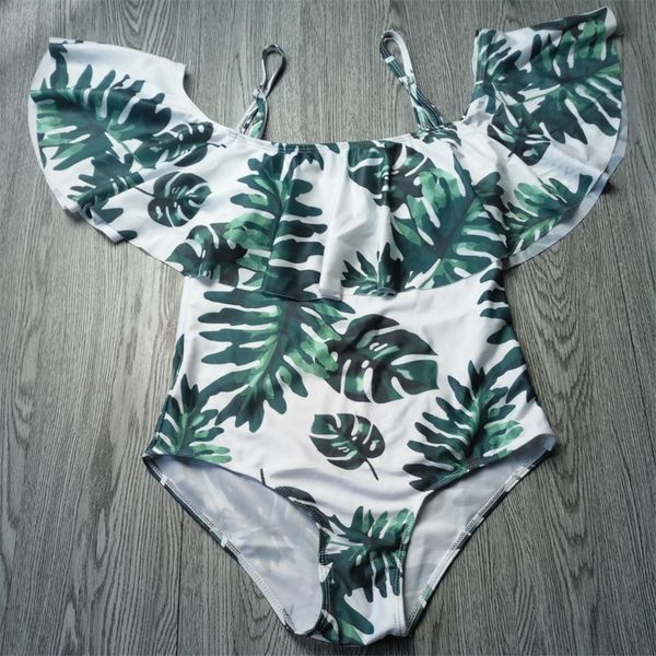 

2019 off shoulder one piece swimsuit women swimwear push up monokini ruffle bodysuit printed leaf swimsuit bathing suit, White;black