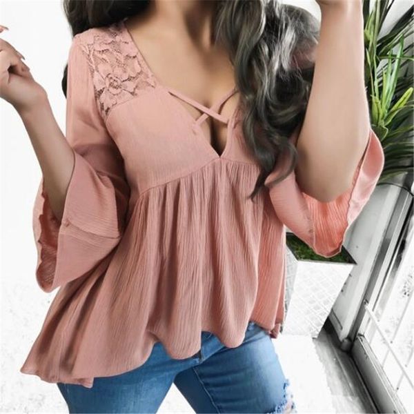 

fashion lace women blouses shirt summer 3/4 sleeve women hollow lace blouse low-cut female blusas femininas sj2395v, White