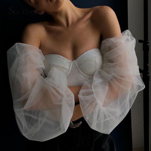 

pretty sweet women t-shirts off shoulder puff long sleeve 2020 summer elegant strapless glitter party corset t shirt, White