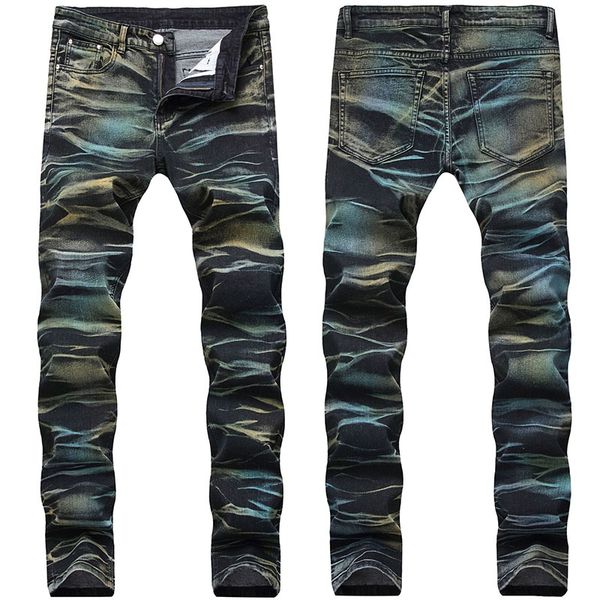 

men casual jeans denim washed colorful bleached ripped jeans tie dye pencil pants elastic mid waist ing, Blue