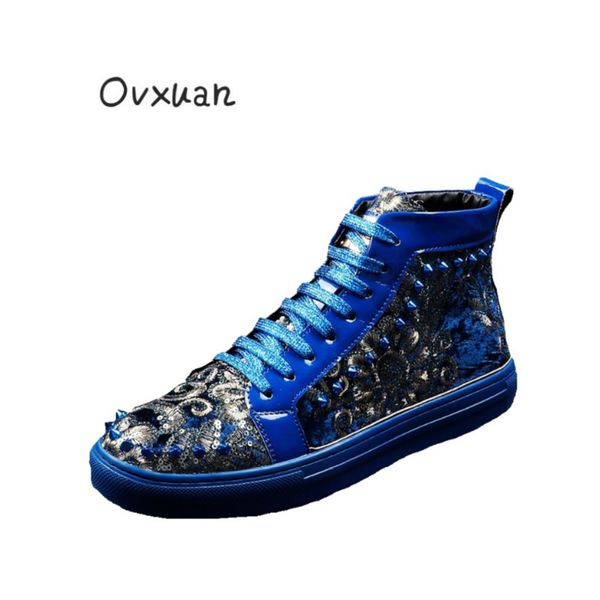 

ovxuan all blue velvet boots high sequins metal sheet rivet men shoes nightclub stage mens casual shoes sneakers ankle botas, Black