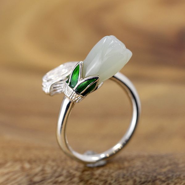 

real hetian jade ring hetian jade resizable emerald ring 925 sterling silver women rings jewelry brand certificate, Golden;silver