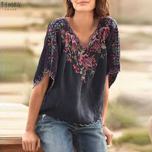 

women vintage embroidery summer print shirt v neck short sleeve blouse blusa femme drop shipping, White