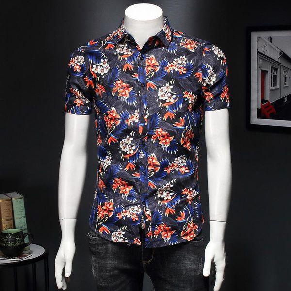 

shirt men short sleeve beach printed hawaiian shirt turn-down collar beach casual shirts for men plus size clothes, White;black