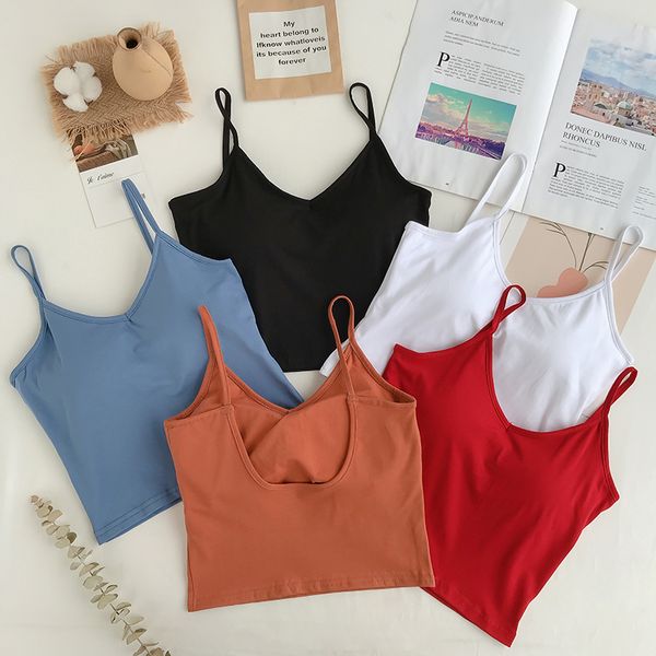 

summer new casual solid color crop spaghetti strap backless fashion brand tanks camis vetement femme simple tees aesthetic, White
