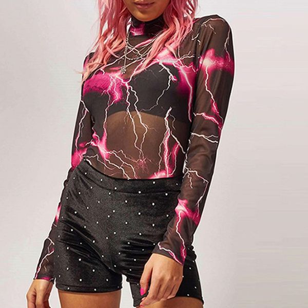 

women bodysuit fashion ladies mesh hollow out print long sleeve jumpsuit bodysuit rompers women summer barboteuse35#, Black;white