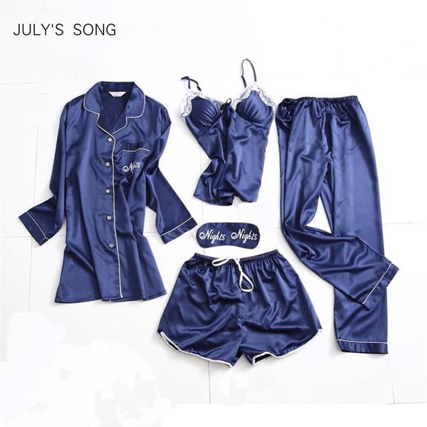 

july's song fashion women's 5 pieces pajamas sets emulation silk pajamas women sleepwear sets lace spring autumn homewear, Black;red