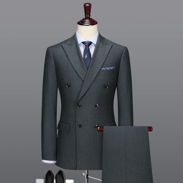 

100% wool double breasted men suit set grey slim blazer pant wedding groom casual mens suits with pants plus size blazers, White;black