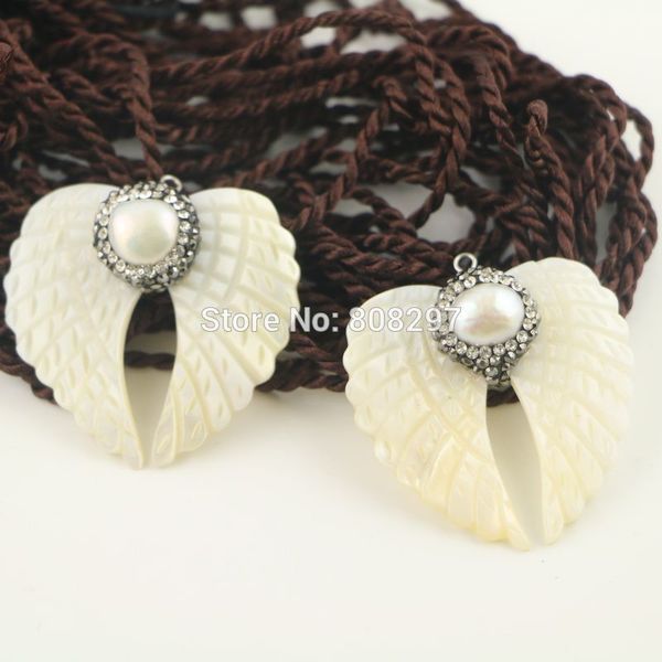 

6pcs natural white shell pendant, double-wing shape pendant, with pave crystal and pearl pendants, Silver