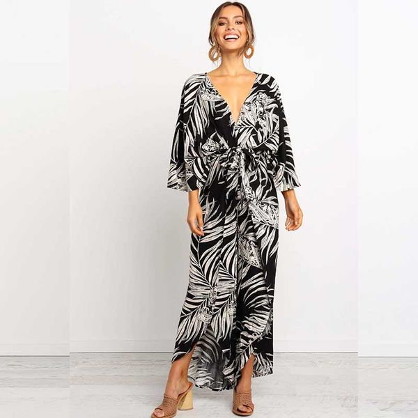 

женщина bohemian v neck printed split комбинезон, Black;white