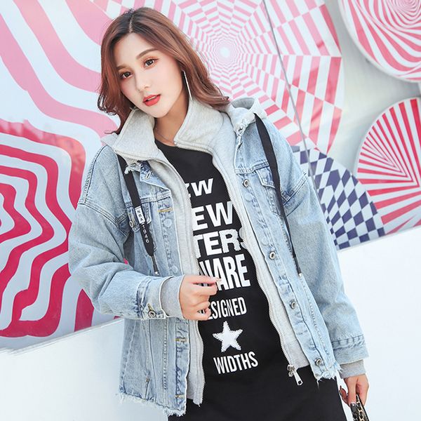 

2019 новый джинсовые куртки женщины бойфренд стиль с длинным рукавом старинные джинсовые куртки с капюшоном джинсовые свободные весна осень, Black;brown