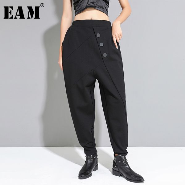 

eam] high elastic waist black button stitch harem trousers new loose fit pants women fashion tide spring autumn 2020 1d677, Black;white