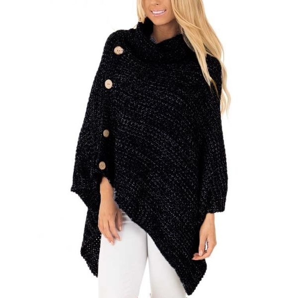 

fashion women's knit turtle neck poncho with button irregular hem pullover sweaters cardigan cover up womens sweater coat top, White;black
