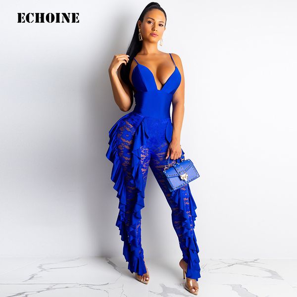

echoine spaghetti strap lace ruffle hollow out jumpsuit evening party club outfits slim bodycon female playsuit rompers, Black;white