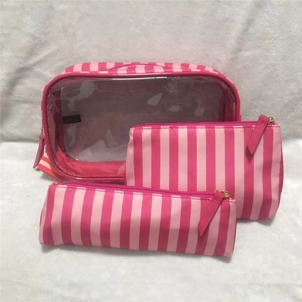 

3pcs/set pink stripes pvc cosmetic bag ladies jelly bag portable make up pouch organizer