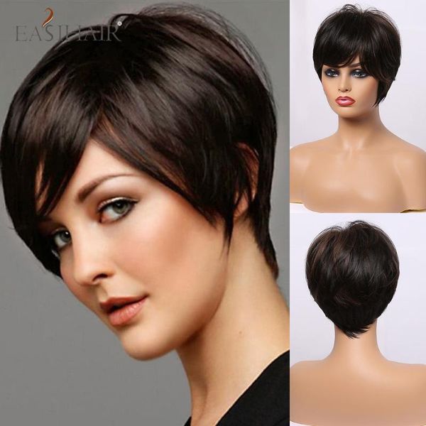 

easihair short black straight brown highlight wigs with pixie cut bangs high-temperature fiber synthetic wigs cosplay for women