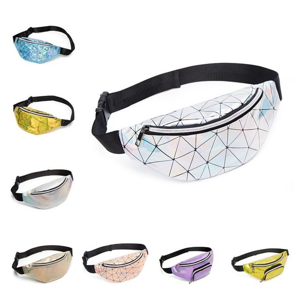 

holographic waist bags sequin women waist bag geometric fanny pack running zip belt money pouch laser chest phone bag