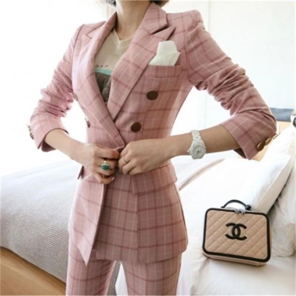 

new women business attire blazers suit plaid women pants suits two piece sets long slim jacket & pants suits ms pink suit, White;black