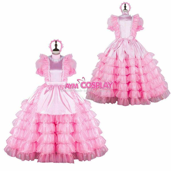 

lockable satin-organza sissy maid long dress cross dressers tailor-made, Black;red