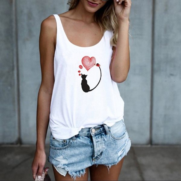 

women women shirt fashion summer t shirts cartoon cat print casual sleeveless o neck shirts female tees femme feminina, White