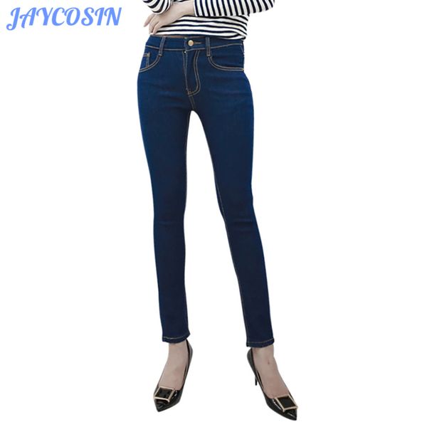 

jaycosin clothes women skinny jeans button zipper elastic waist denim trousers pocket fashion casual slim pencil jeans 829, Blue