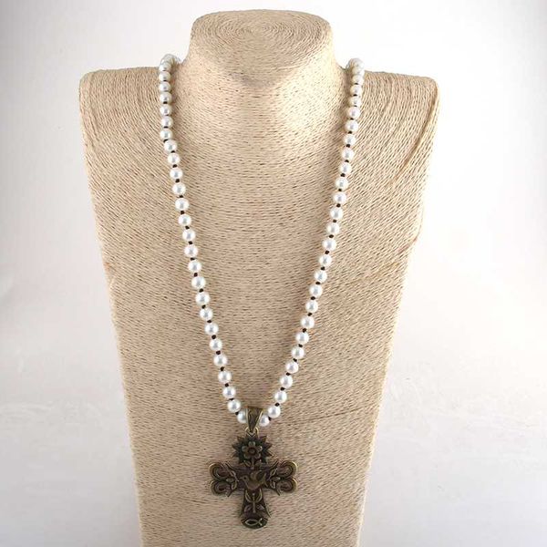 

rh fashion beaded necklace glass pearl bead long knotted metal flower bird cross pendant necklaces for women jewelry, Silver