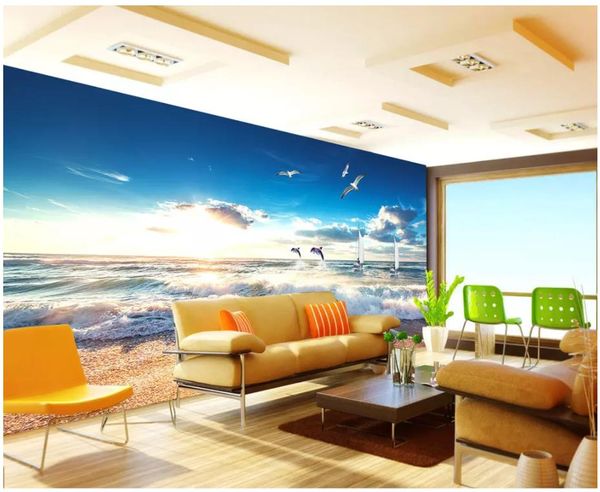3D fototapete benutzerdefinierte 3d wandbilder tapete Dolphin seagull meer strand frisch mediterran TV sofa hintergrund wand papel de parede