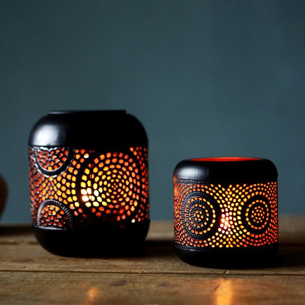 

cylinder chinese lantern shape candle holder hollow out vintage black metal tea light holder for wedding spa reiki aromatherapy