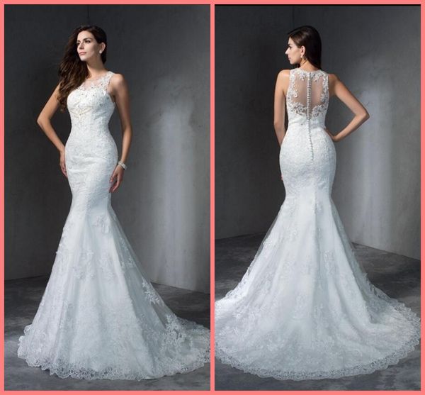 

2020 wholesale mermaid wedding dress summer beach lace appliques sleeveless sheer back bridal gowns court train sale, White